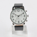 mens stainless steel quartz wrist watch black leather strap